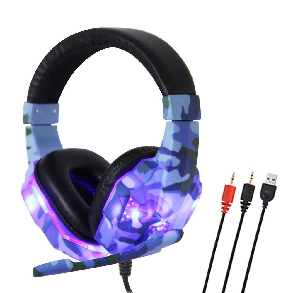 SY830MV Gaming Headset 3.5mm Wired Over Ear Headphones Noise Canceling E-Sport Earphone with Mic LED Light AUX+USB for Desktop PC  |  Game Headphone Game Headphone Camouflage Blue/Camouflage Grey/Camouflage Yellow