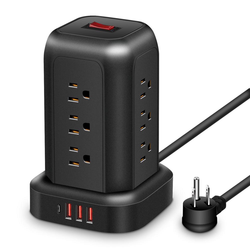 T12 Tower Plug Power Strip: 12 Outlets, 3 USB Ports, 1 Type-C Port, Superior Surge Protection, and Space-Saving Design  |  Smart Home System Smart Device Black